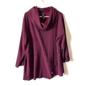Ali Miles Tunic Top Womens M Burgundy Cowl Neck Crinkle Relaxed Lagenlook Artsy